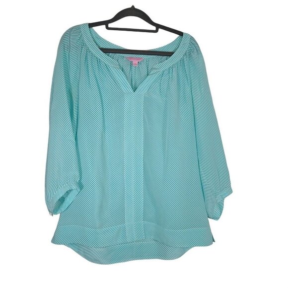 Lilly Pulitzer Moxy 3/4 Sleeve 100% Silk Blouse Turquoise White Stripe Small - Picture 3 of 12